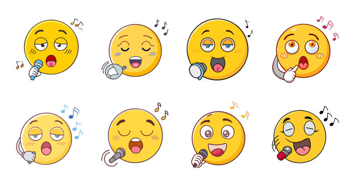 Happy sad surprised angry emoji faces collection - Bright cartoon emoji faces showing different emotions like happiness, sadness, surprise, and anger in a cheerful color palette.