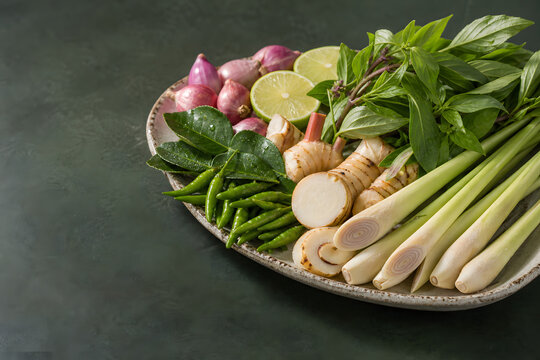 Southeast Asian aromatic herbs with lemongrass galangal lime and chilies