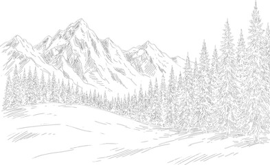 Fototapeta premium Snowy mountain landscape with trees and hills in a serene natural setting