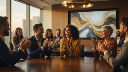 Fototapeta premium Diverse Business Team Celebrating Success in Boardroom