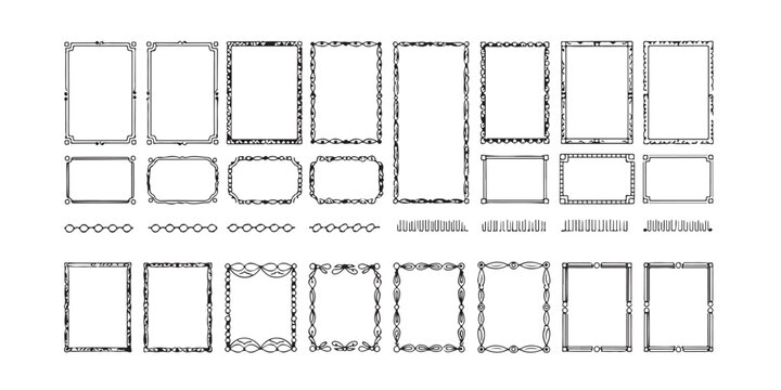 Set of black decorative hand drawn vintage frames and borders for invitations and certificates