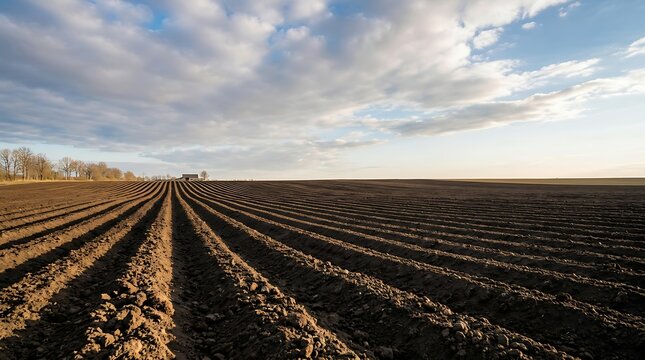 Freshly plowed agricultural field with deep soil furrows