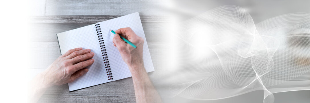 Taking notes; panoramic banner
