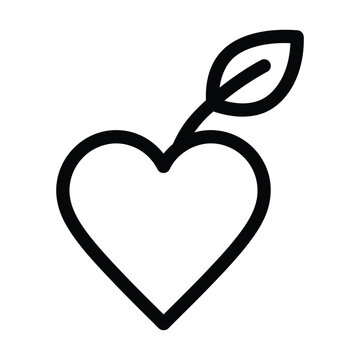 Simple line art icon of a heart shape with a single green leaf on a white background
