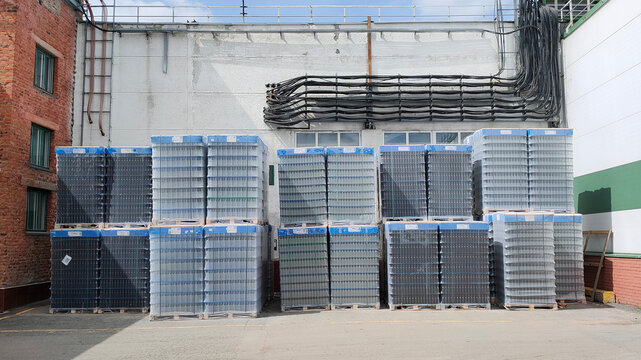 Pallets of beer bottles are awaiting shipment at the beer factory