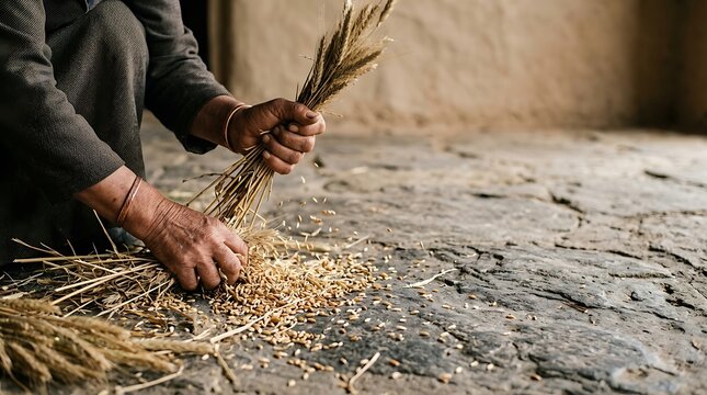 Hands threshing golden wheat grain on a rustic stone floor