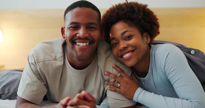 Face, relax and couple in bedroom with smile, love and comfortable for weekend break. Portrait, black people and rest at house with happiness, positive attitude and partner affection for cozy morning