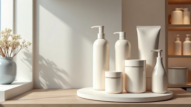 Expositor de productos contempor&aacute;neo que muestra envases sin marca sobre un fondo limpio