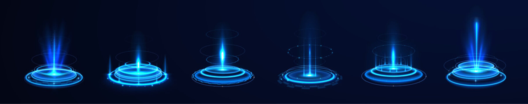 A radiant energy gateway shines with intense blue illumination, forming an advanced science fiction teleport platform. Sparkling particles drift around the circular holographic field.