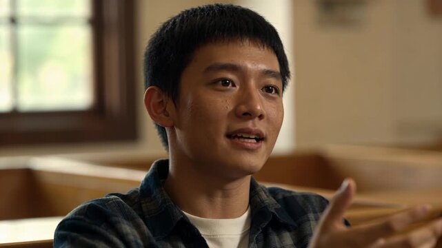 Smiling adult Asian man leaning, gesturing and explaining on pew with window, wearing plaid shirt