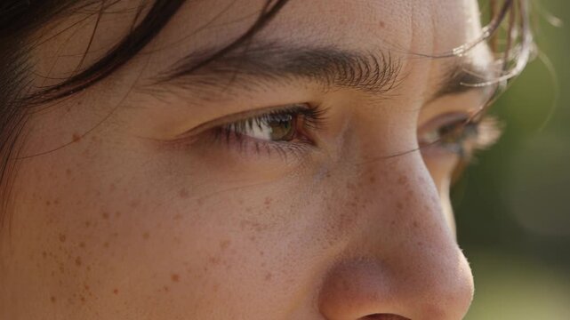 Gazing teen girl shifting eyes right, squinting from sun in green foliage, freckles hair strands
