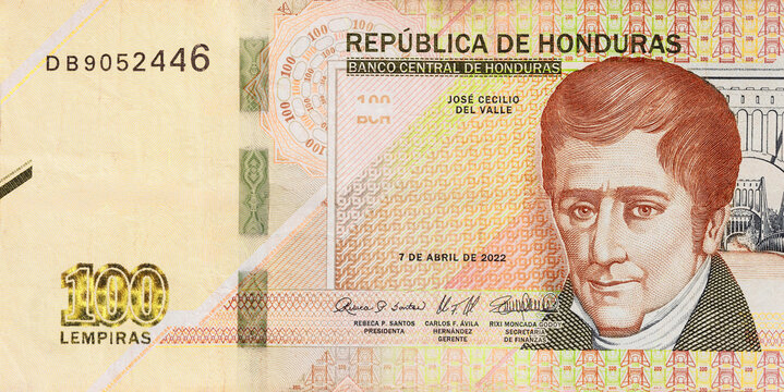 Honduran money, 100 lempiras denomination cash issued by Banco Central De Honduras. rear view
