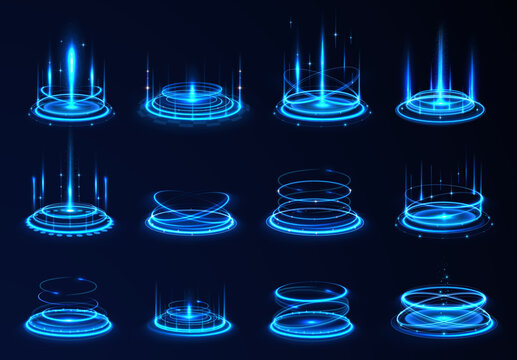 A glowing blue portal ring hovers above the ground, surrounded by sparkling particles and futuristic energy effects. Bright holographic rays radiate outward from the circular structure.
