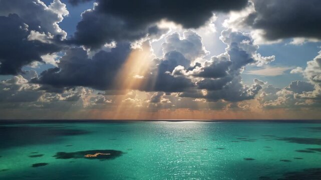 Sun rays piercing through dark clouds over a turquoise ocean. Dramatic seascape with bright sunbeams illuminating the water surface. Nature and weather concept