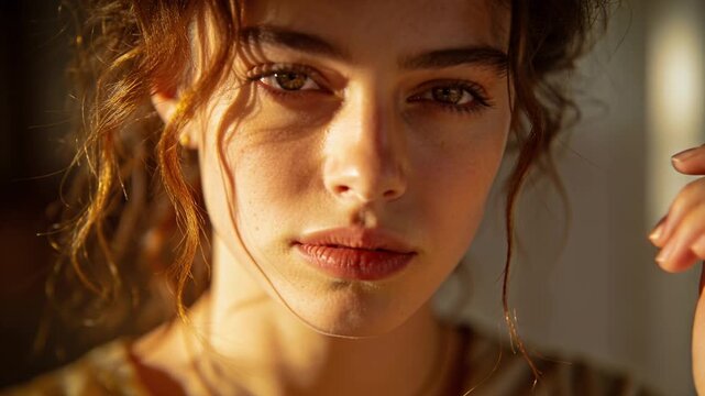 Shifting sunlight nudging model brushing curls with right hand by window at home ochre necklace