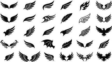 Decorative wing silhouette collection featuring feathered flight symbols fantasy and freedom inspired elements © Ashikul