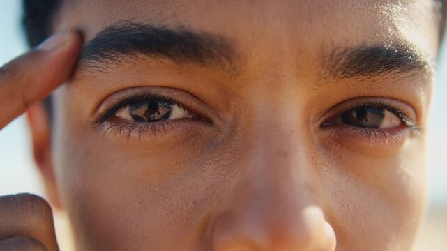 Entering index finger pressing man's right eyebrow in outdoor close-up, shielding eyes from sun