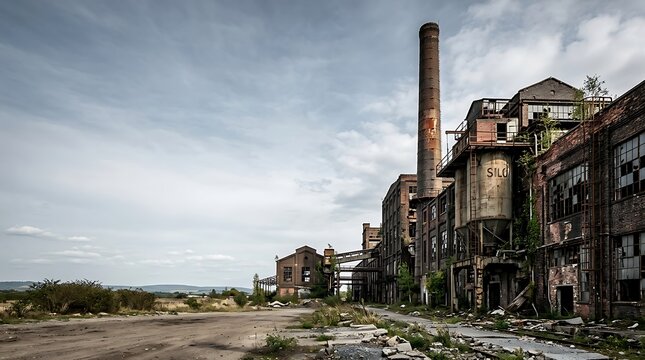 Abandoned industrial factory complex with tall brick chimney