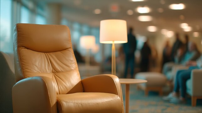 Medium shot featuring a modern recliner in a cozy outpatient surgery waiting area softly glowing lamps create warm patches of light with blurred visitors nearby.