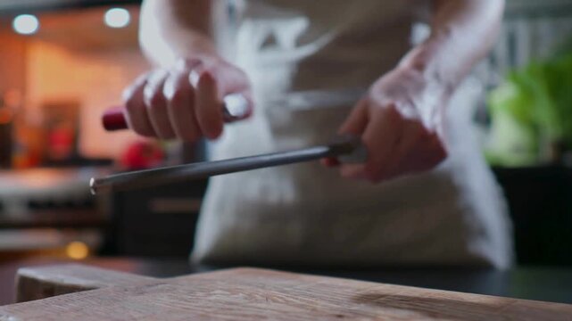 Professional chef sharpening large kitchen knife with steel sharpener rod in home kitchen setting, dynamic close up shot, culinary cooking preparation concept, 4K video for stock footage library.