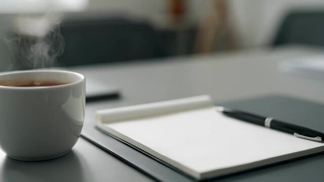 Hot coffee and notepad on a desk, ready for work or study