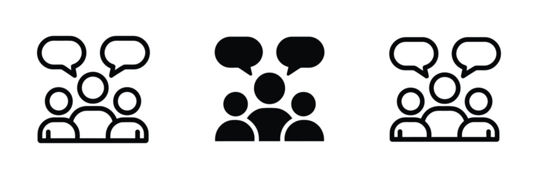 Communication and group discussion icon set featuring people silhouettes and speech bubbles for teamwork, conversation and collaboration concepts.