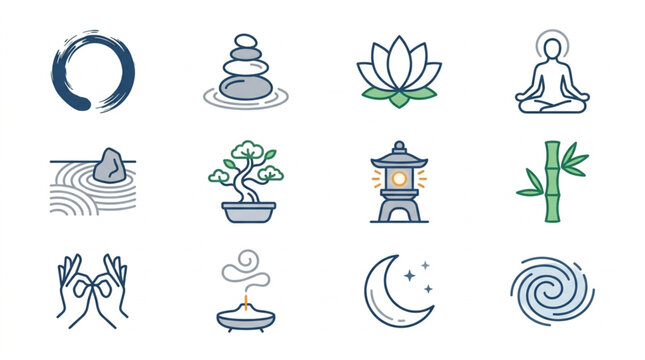 Zen meditation symbols and icons for wellness and spirituality.