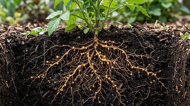 Cross section views of dark rich organic garden soils reveal complex branching roots of healthy green plants featuring glowing golden nodules.