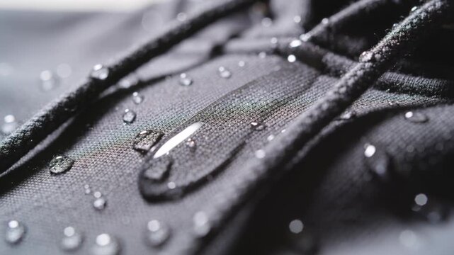 Shifting focus and light causing droplet elongating on waterproof textile near shoelace grommet