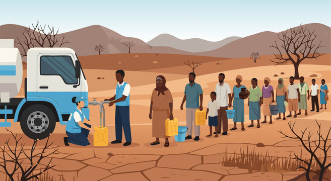 Humanitarian Aid Water Delivery Illustration Vector Design Showing Drought Relief Efforts for Communities in Need of Clean Drinking Water
