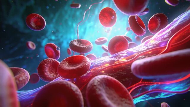 Flowing red blood cells rotating in vessel, camera advancing, carrying O2 past lit fibers and motes