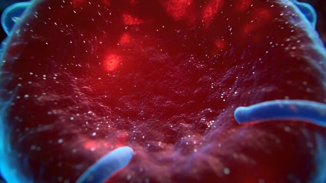 Approaching camera centering on single red blood cell inside blood plasma, revealing blue membrane
