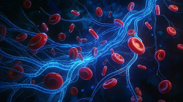Rotating red blood cell drifting in vessel as camera pulling back, showing flow through blue fibers