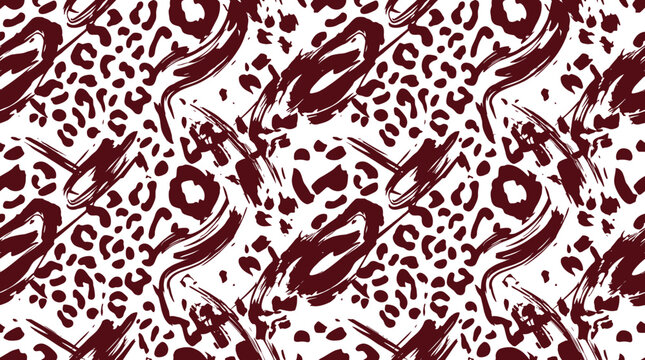 Seamless pattern featuring abstract dark red leopard spots and brush strokes on a white background, for textile and wallpaper