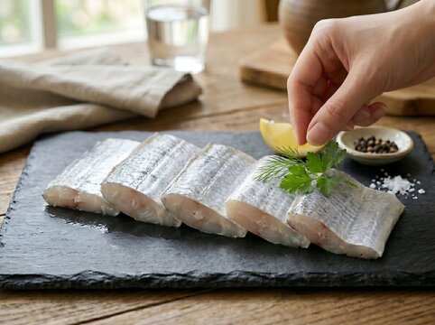 Neatly arranged raw rectangular silver hairtail segments on a plate