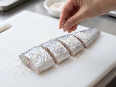 Coating rectangular silver hairtail segments with flour before frying