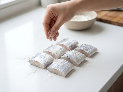 Coating rectangular silver hairtail segments with flour before frying