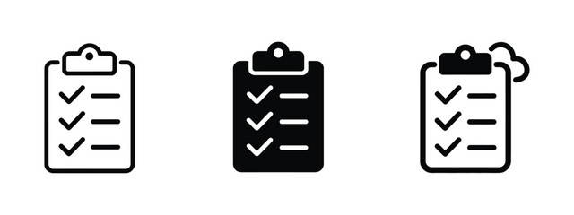Checklist clipboard icon set featuring task completion, to do list, survey and verification symbols in different design styles. © ABUBOKKORsiddik