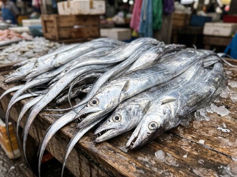 Freshly caught silver hairtail fish at a market