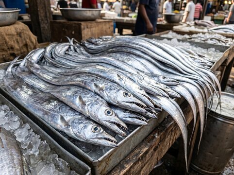 Freshly caught silver hairtail fish at a market