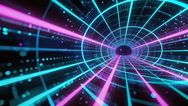 Camera moving neon grid tunnel pulling viewer forward through tube with particles, simulating speed