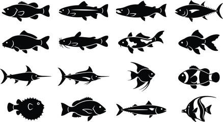 Collection of sixteen black fish silhouettes including trout, tuna, catfish, koi, swordfish, angelfish, clownfish, and pufferfish on a white background © MD