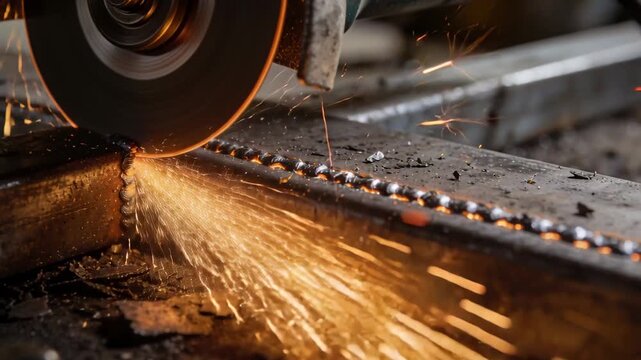 Grinding anglegrinder disc hitting welded seam smoothing bead on metal beam bench spraying sparks