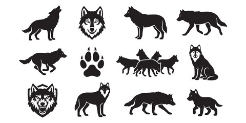 Obraz premium Collection of black wolf silhouettes including various poses head profiles running wolves pack members a detailed paw print icon with silhouette