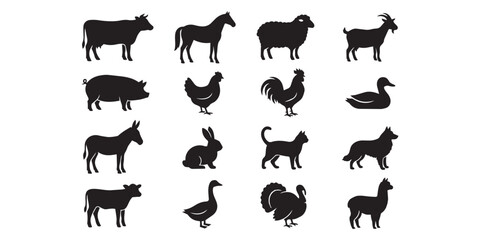 Set of black farm animal silhouettes including cow horse sheep goat pig chicken rooster duck donkey rabbit cat dog turkey llama with silhouette © Nur-uz-zaman