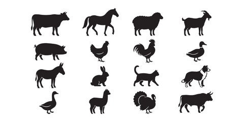 Fototapeta premium Set of domestic farm animal silhouettes featuring livestock and common agricultural animals silhouette livestock agriculture collection isolated