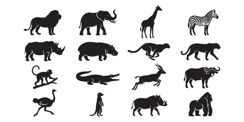 Collection of wild african safari animal silhouettes including predatory and large mammals with silhouette elephant hippopotamus crocodile antelope © Nur-uz-zaman