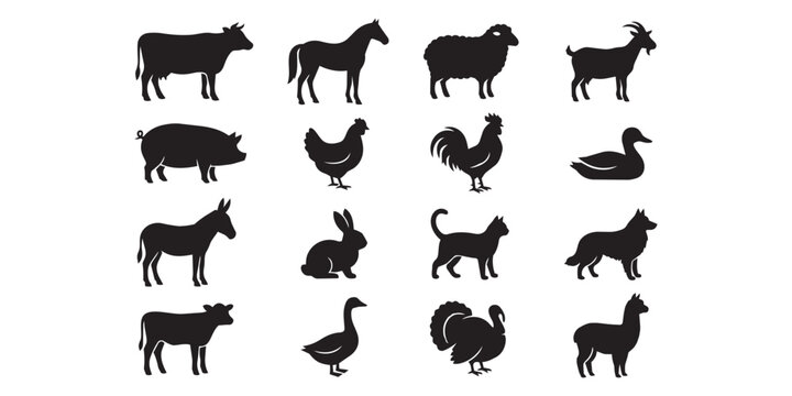Set of black farm animal silhouettes including cow horse sheep goat pig chicken rooster duck donkey rabbit cat dog turkey llama with silhouette