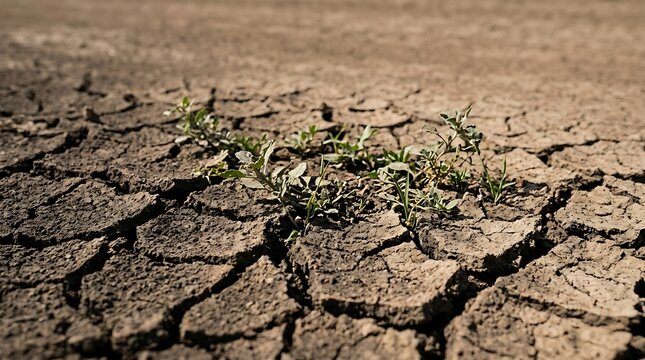 Resilient green sprout growing from parched cracked ground