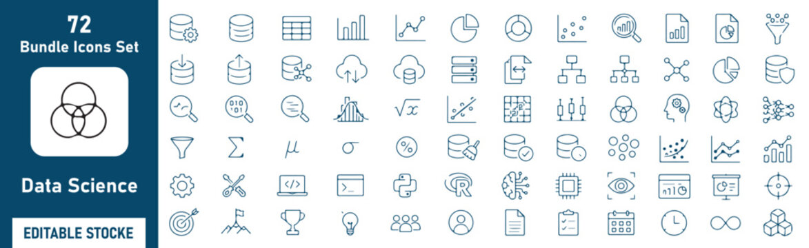 Data Science Vector Outline Icons Set &ndash; Data Analytics, Machine Learning, Big Data and Business Intelligence Line Symbols Collection